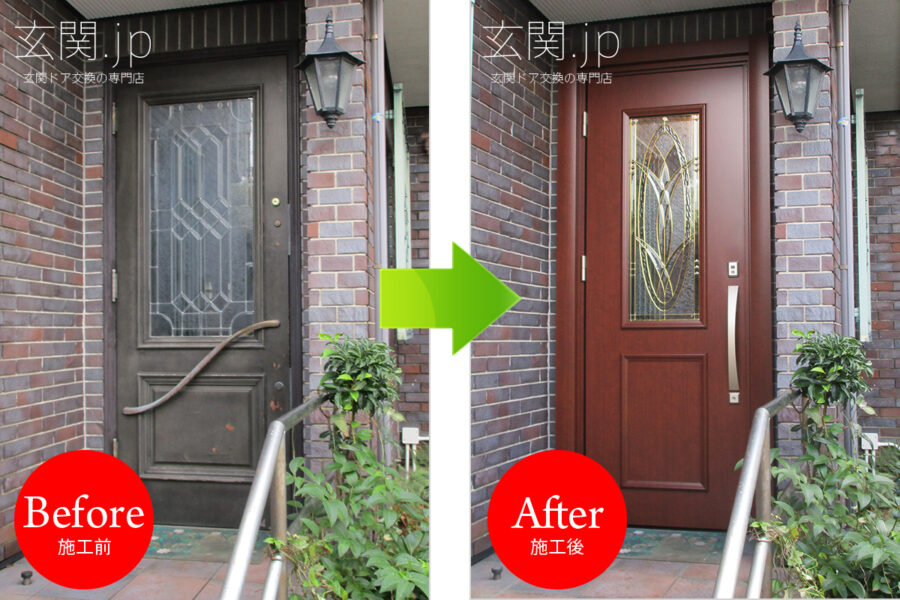 東京都Ｉ様邸三協アルミノバリス【Ｇ95】ステンドグラス片開きドアダークウォールナット