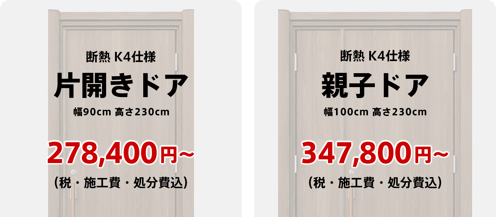 玄関ドア交換リフォーム料金の目安（施工込み・処分費込み・税込み）